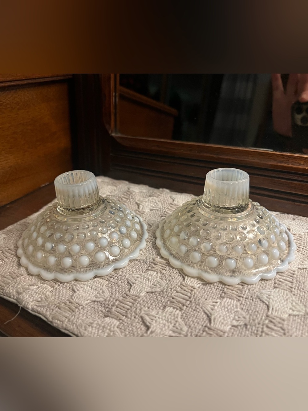 ANCHOR HOCKING Vintage 1940's Hobnail Candle Stick Holders Clear & Moonstone GUC